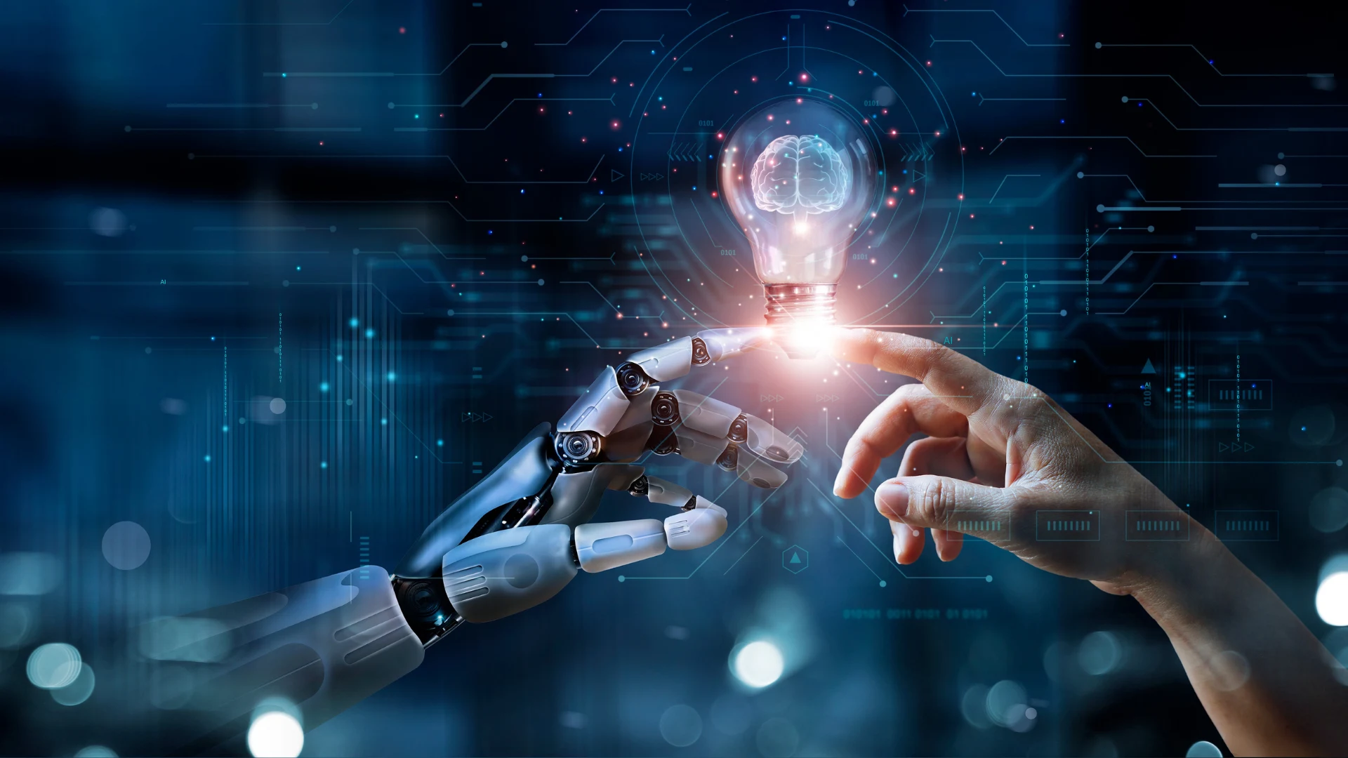 Human and robotic hands meeting beneath a glowing AI light bulb illustration