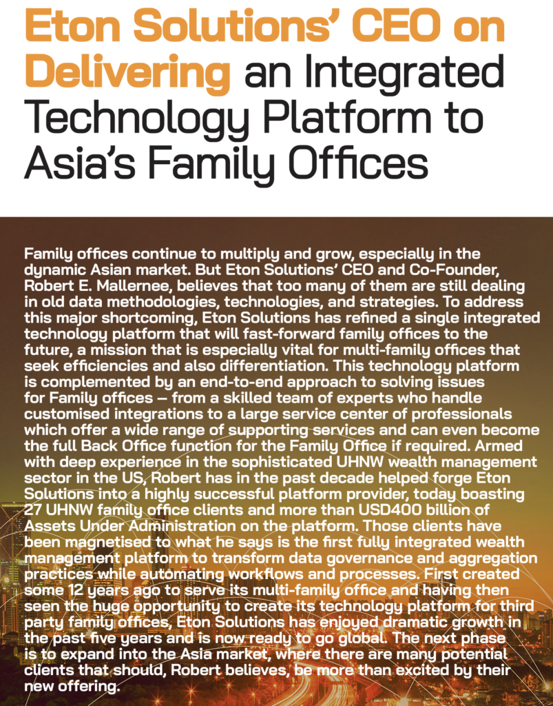 Hubbis feature on Rob Mallernee and family office technology in Asia